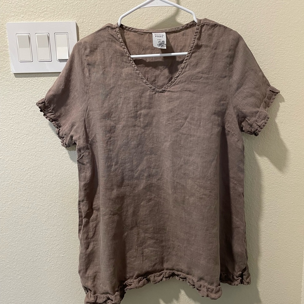 Brown V-Neck Linen Top Match Point